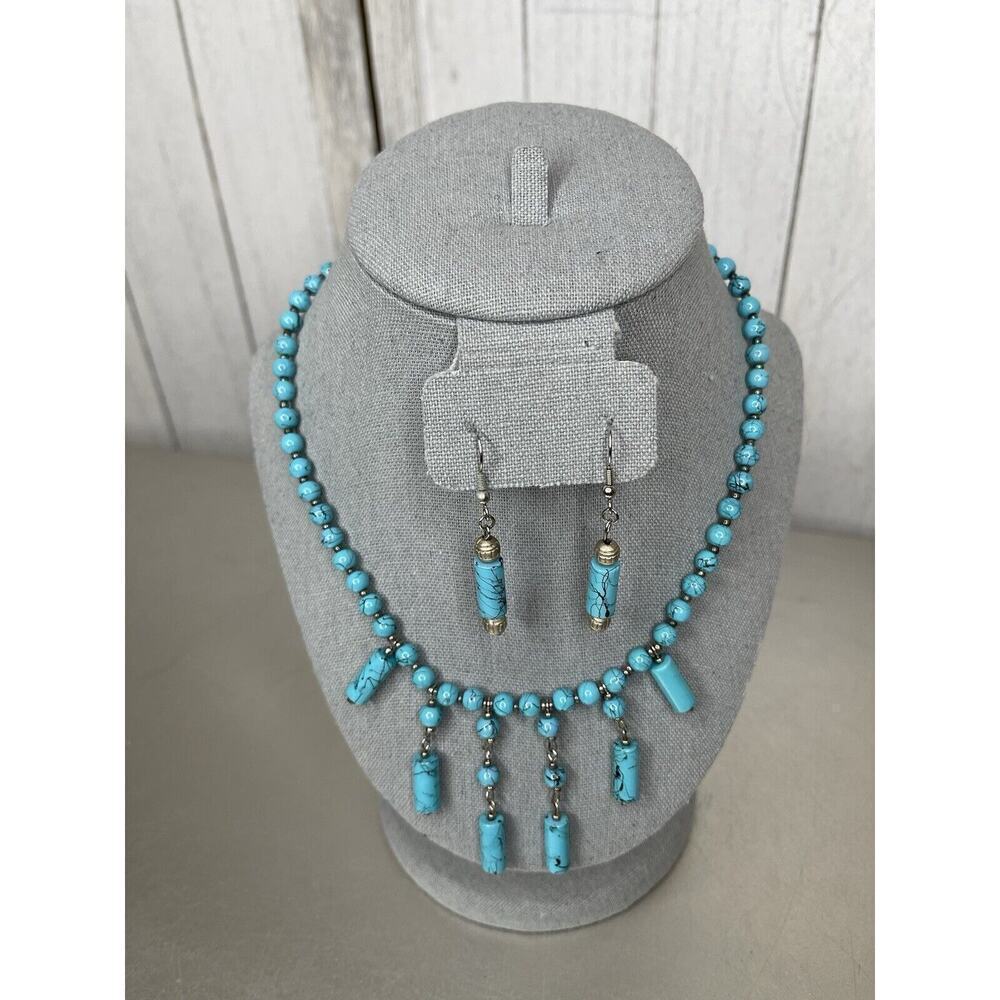 Faux Turquoise Blue Bead Dangle Silver Tone Necklace With Matching Earrings